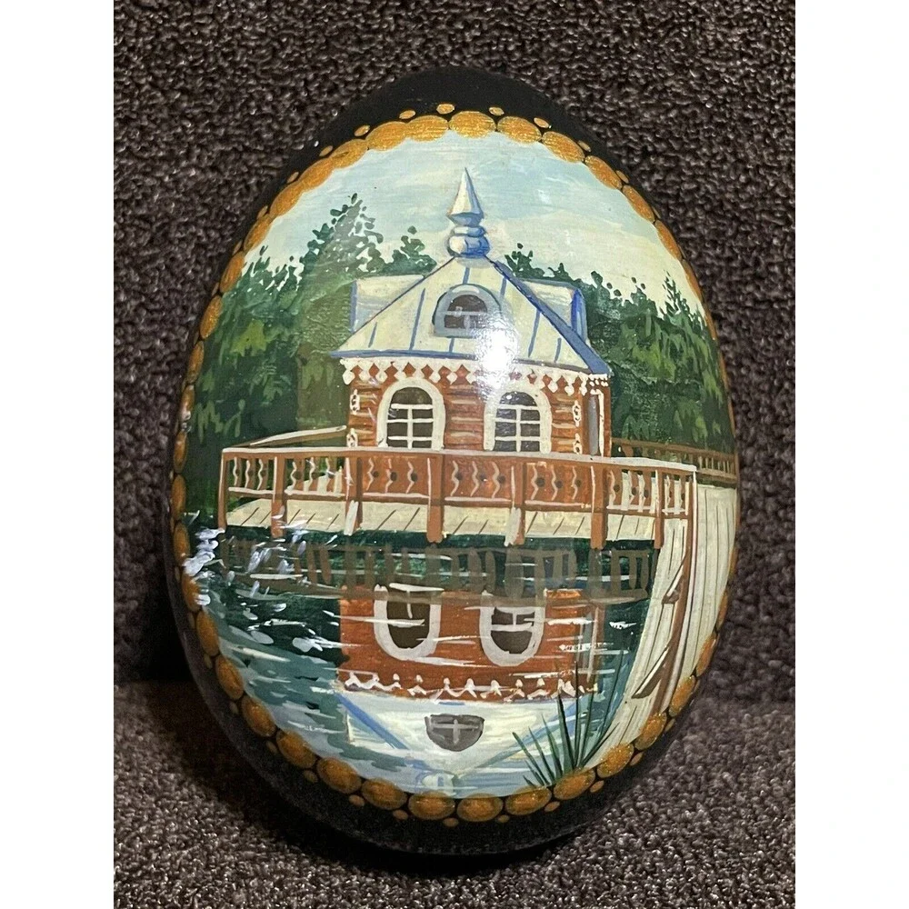 Russian Egg Hand painted Log Cabin On Lake Water